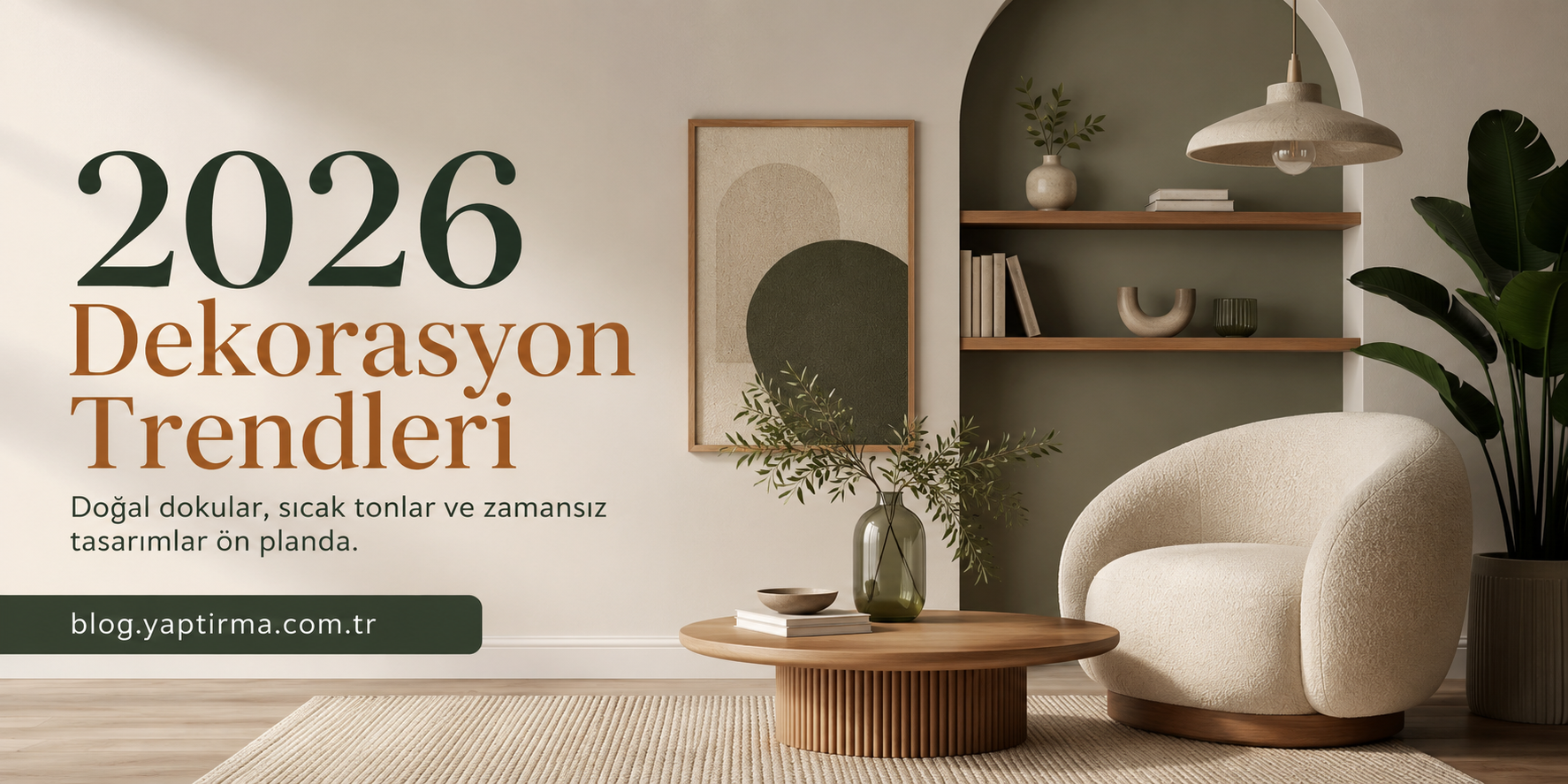 Indoor living room banner announcing 2026 dekorasyon trendleri, with a cream chair, round wooden coffee table, shelving, plants and a framed abstract art piece.