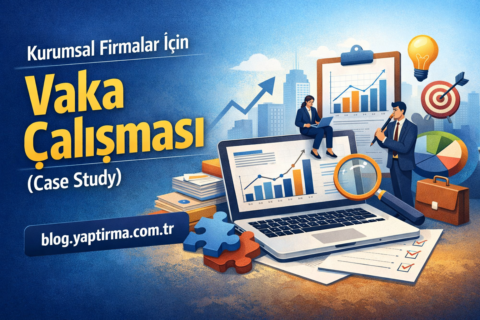 Turkish corporate case study banner with graphs, laptops, and two professionals presenting data against a blue cityscape background.