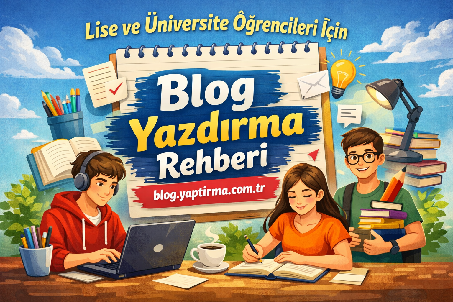 Colorful outdoor banner showing students with a laptop, books, and notebooks around a large sign that reads 'Blog Yazdırma Rehberi' for high school and university readers in Turkish.
