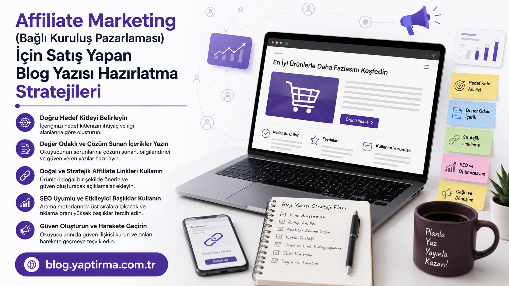 Hero image showing a Turkish blog about affiliate marketing strategies with a laptop, notebook, phone, and colorful sticky notes on the side.