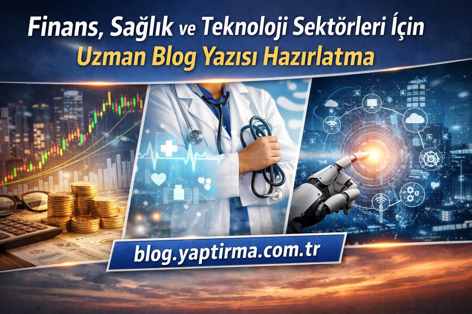 Collage promoting a blog post for finance, health, and technology sectors; shows a doctor with a stethoscope, a robotic hand, financial charts, and the blog URL blog.yaptirma.com.tr