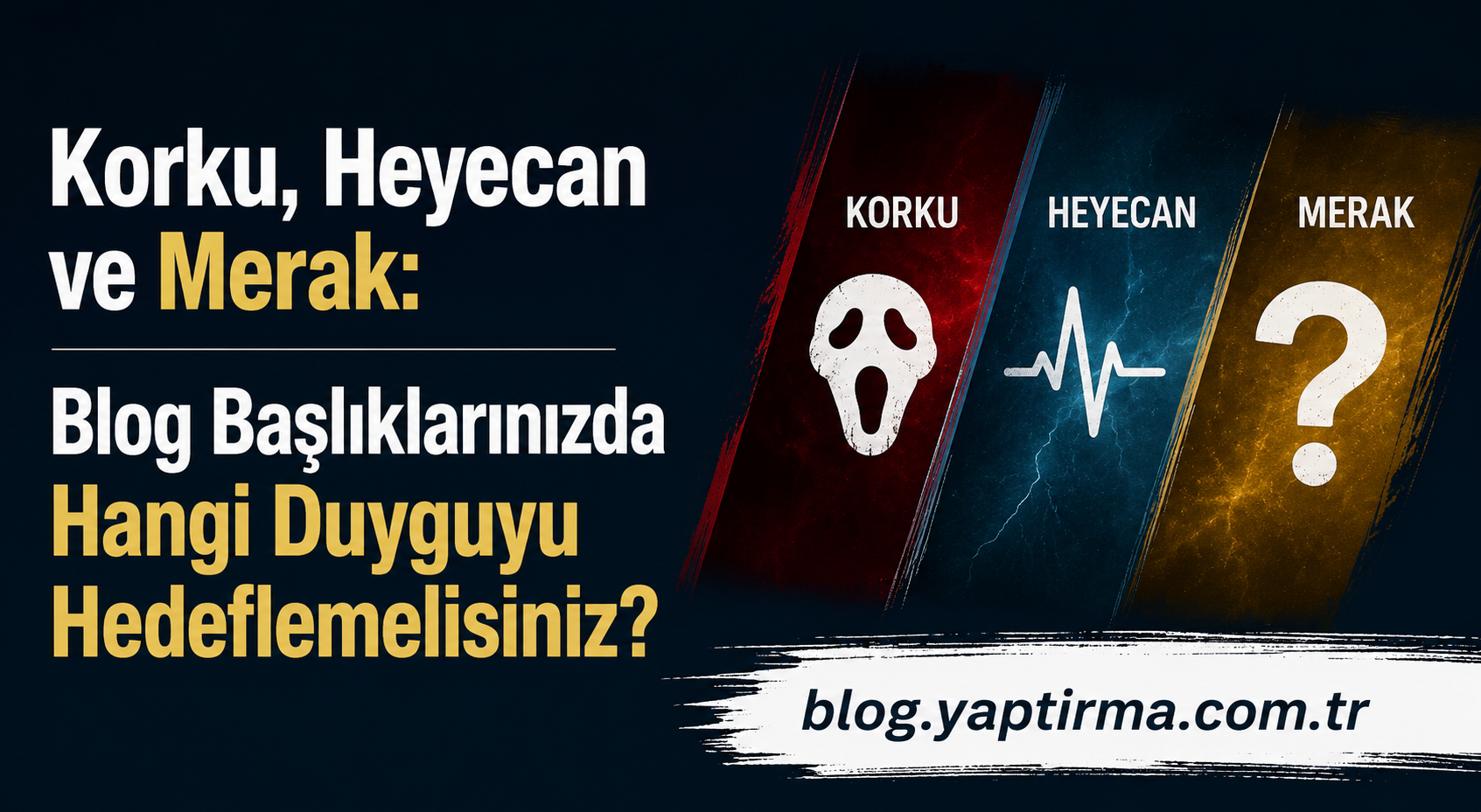 Turkish blog banner about which emotion to target in titles, showing fear, excitement, and curiosity icons with the site URL.