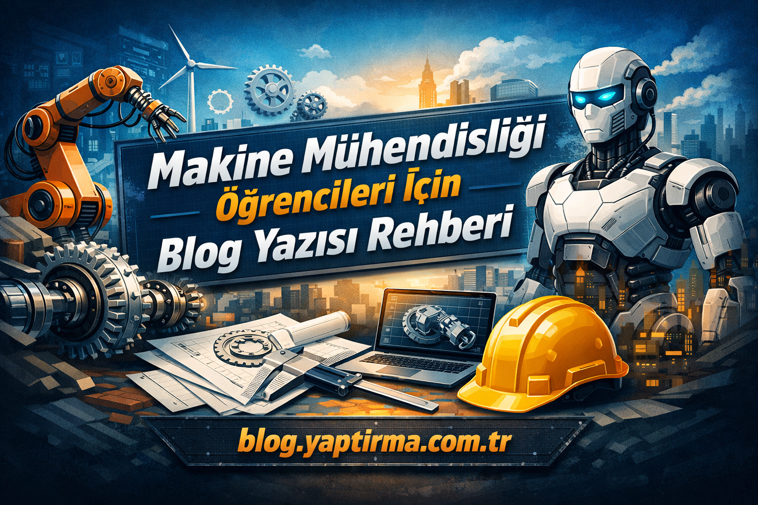 Banner promoting a Mechanical Engineering blog guide for students, with robots, gears, and construction gear in a cityscape backdrop.